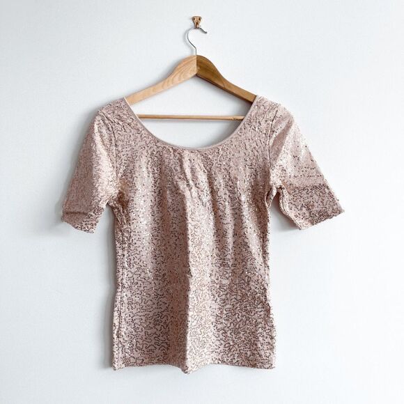 NWT Banana Republic Womens Sequin Blouse Scoop Neck Short Sleeve Rose Gold Small - Picture 2 of 7